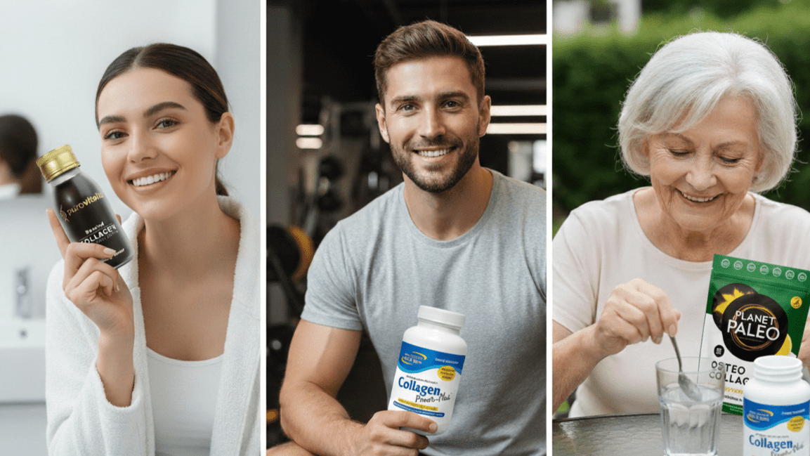 Three people using collagen supplements: a young woman holding a liquid collagen drink, a man in a gym with a collagen powder container, and an older woman preparing Planet Paleo collagen in a glass.